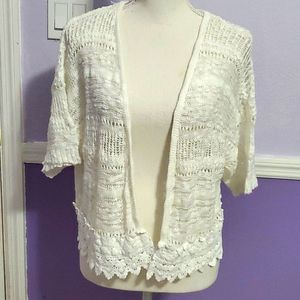 T/O Boho Romantic White Knitted & Lace Cropped Open Cardigan Sweater L